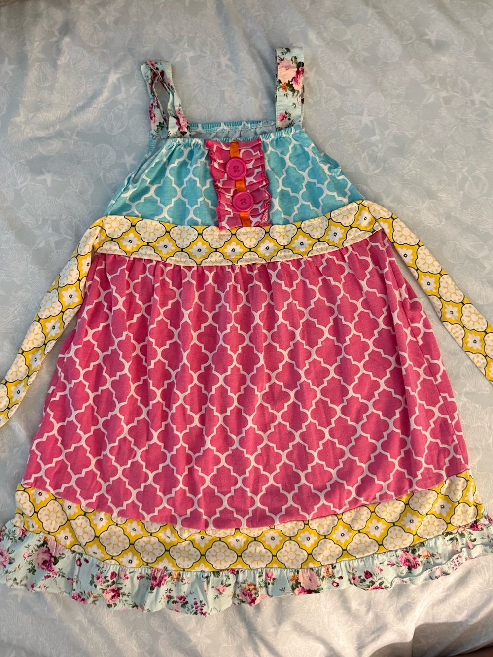 Girls Pink & Teal Patchwork Sundress with Floral Accents - Picture 1 of 3
